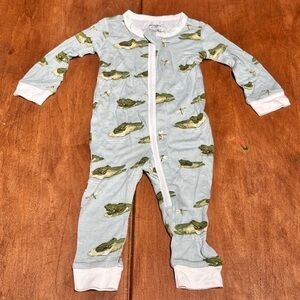 Milkbarn Blue and Green Frog Print Bamboo Footie - 0-3M